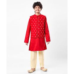 Pine Kids Woven Mandarin Collar Full Sleeves Kurta Pyjama Set With Printed Jacket & Sequin Detailing  - Red