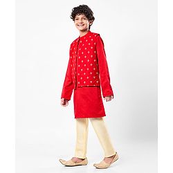 Pine Kids Woven Mandarin Collar Full Sleeves Kurta Pyjama Set With Printed Jacket & Sequin Detailing  - Red