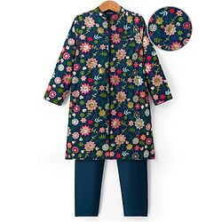 Pine Kids Woven Full Sleeves Kurta Pajama Set with Floral Embroidery & Sequin Detailing - Navy Blue