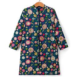 Pine Kids Woven Full Sleeves Kurta Pajama Set with Floral Embroidery & Sequin Detailing - Navy Blue