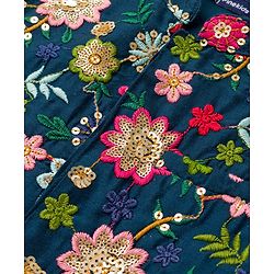 Pine Kids Woven Full Sleeves Kurta Pajama Set with Floral Embroidery & Sequin Detailing - Navy Blue