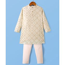 Pine Kids Woven Full Sleeves Kurta Pyjama Set with Floral Embroidery and Sequin Detailing - Offwhite & White