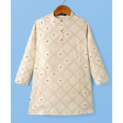 Pine Kids Woven Full Sleeves Kurta Pyjama Set with Floral Embroidery and Sequin Detailing - Offwhite & White