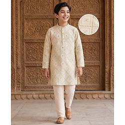 Pine Kids Woven Full Sleeves Kurta Pyjama Set with Floral Embroidery and Sequin Detailing - Offwhite & White