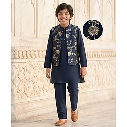 Pine Kids Woven Full Sleeves Kurta Pajama Set With Floral Design Jacket - Navy Blue