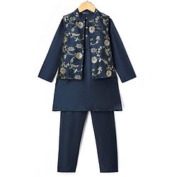 Pine Kids Woven Full Sleeves Kurta Pajama Set With Floral Design Jacket - Navy Blue