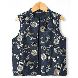 Pine Kids Woven Full Sleeves Kurta Pajama Set With Floral Design Jacket - Navy Blue