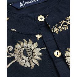 Pine Kids Woven Full Sleeves Kurta Pajama Set With Floral Design Jacket - Navy Blue