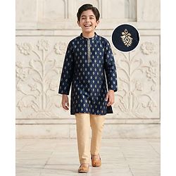 Pine Kids Woven Full Sleeves Kurta Pajama Set with Motif Print - Navy Blue
