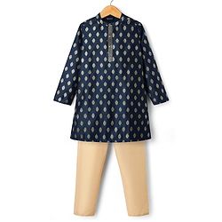 Pine Kids Woven Full Sleeves Kurta Pajama Set with Motif Print - Navy Blue