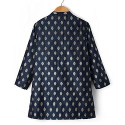Pine Kids Woven Full Sleeves Kurta Pajama Set with Motif Print - Navy Blue