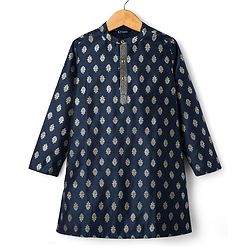 Pine Kids Woven Full Sleeves Kurta Pajama Set with Motif Print - Navy Blue