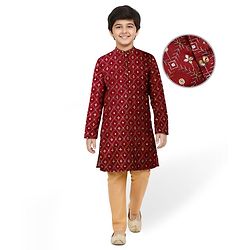Pine Kids Woven Full Sleeves Kurta Pajama Set with Floral Embroidery & Sequin Detailing - Red