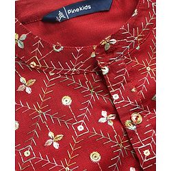 Pine Kids Woven Full Sleeves Kurta Pajama Set with Floral Embroidery & Sequin Detailing - Red