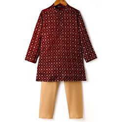 Pine Kids Woven Full Sleeves Kurta Pajama Set with Floral Embroidery & Sequin Detailing - Red