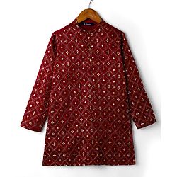 Pine Kids Woven Full Sleeves Kurta Pajama Set with Floral Embroidery & Sequin Detailing - Red