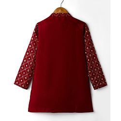 Pine Kids Woven Full Sleeves Kurta Pajama Set with Floral Embroidery & Sequin Detailing - Red