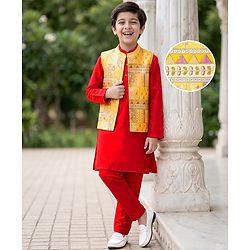Pine Kids Woven Full Sleeves Mandarin Collar Kurta Pyjama Set With Embroidered Jacket - Red