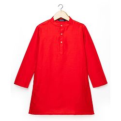 Pine Kids Woven Full Sleeves Mandarin Collar Kurta Pyjama Set With Embroidered Jacket - Red