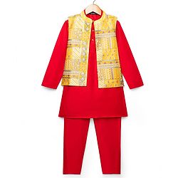 Pine Kids Woven Full Sleeves Mandarin Collar Kurta Pyjama Set With Embroidered Jacket - Red