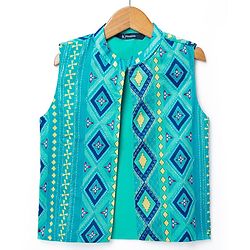Pine Kids Woven Mandarin Collar Full Sleeves Kurta Pyjama Set With Floral Print Jacket - Yellow
