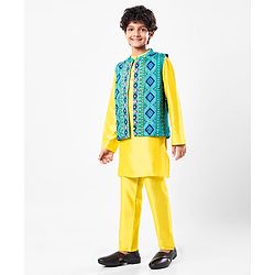 Pine Kids Woven Mandarin Collar Full Sleeves Kurta Pyjama Set With Floral Print Jacket - Yellow