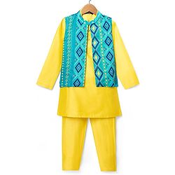 Pine Kids Woven Mandarin Collar Full Sleeves Kurta Pyjama Set With Floral Print Jacket - Yellow
