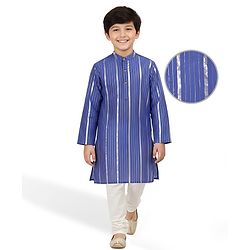 Pine Kids Woven Full Sleeves Kurta Pyjama Set with Stripes  - Blue & White
