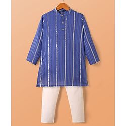 Pine Kids Woven Full Sleeves Kurta Pyjama Set with Stripes  - Blue & White