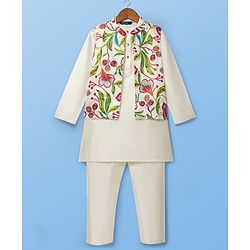 Pine Kids Woven Mandarin Collar Full Sleeves Kurta Pyjama Set With Floral Print & Sequin Detailing Jacket - White