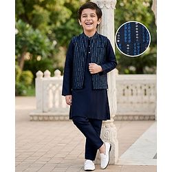 Pine Kids Woven Full Sleeves Mandarin Collar Kurta Pyjama Set With Sequin Detailing Jacket - Blue