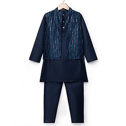 Pine Kids Woven Full Sleeves Mandarin Collar Kurta Pyjama Set With Sequin Detailing Jacket - Blue