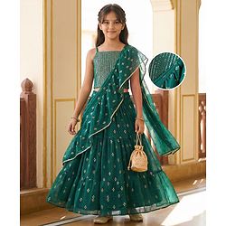 Pine Kids Woven Sleeveless Lehenga Choli Set With Foil Print & Dupatta - Teal Blue