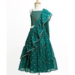 Pine Kids Woven Sleeveless Lehenga Choli Set With Foil Print & Dupatta - Teal Blue