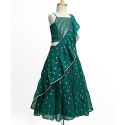 Pine Kids Woven Sleeveless Lehenga Choli Set With Foil Print & Dupatta - Teal Blue