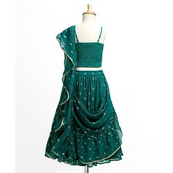 Pine Kids Woven Sleeveless Lehenga Choli Set With Foil Print & Dupatta - Teal Blue
