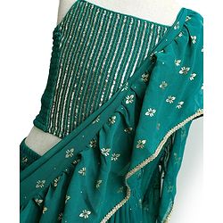 Pine Kids Woven Sleeveless Lehenga Choli Set With Foil Print & Dupatta - Teal Blue