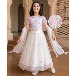 Pine Kids Woven Half Sleeves Choli Lehenga Set with Dupatta & Sequin Detailing - White