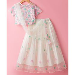 Pine Kids Woven Half Sleeves Choli Lehenga Set with Dupatta & Sequin Detailing - White