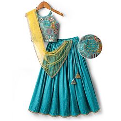 Pine Kids Woven Sleeveless Embroidered Choli & Floral Foil Printed Lehenga With Dupatta - Teal Blue & Yellow