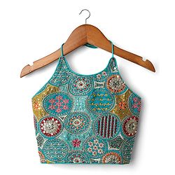 Pine Kids Woven Sleeveless Embroidered Choli & Floral Foil Printed Lehenga With Dupatta - Teal Blue & Yellow