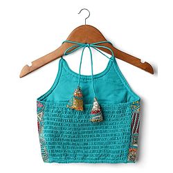 Pine Kids Woven Sleeveless Embroidered Choli & Floral Foil Printed Lehenga With Dupatta - Teal Blue & Yellow