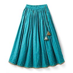 Pine Kids Woven Sleeveless Embroidered Choli & Floral Foil Printed Lehenga With Dupatta - Teal Blue & Yellow