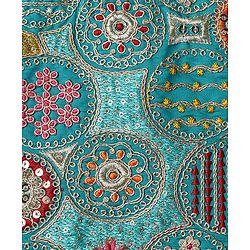 Pine Kids Woven Sleeveless Embroidered Choli & Floral Foil Printed Lehenga With Dupatta - Teal Blue & Yellow