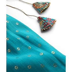 Pine Kids Woven Sleeveless Embroidered Choli & Floral Foil Printed Lehenga With Dupatta - Teal Blue & Yellow