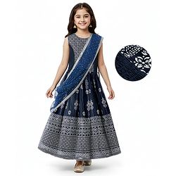 Pine Kids Woven Sleeveless Choli Lehenga & Dupatta Set with Floral Foil Print - Navy Blue