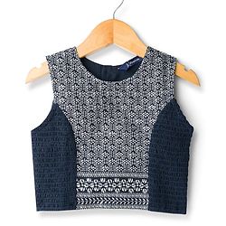 Pine Kids Woven Sleeveless Choli Lehenga & Dupatta Set with Floral Foil Print - Navy Blue