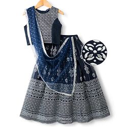 Pine Kids Woven Sleeveless Choli Lehenga & Dupatta Set with Floral Foil Print - Navy Blue
