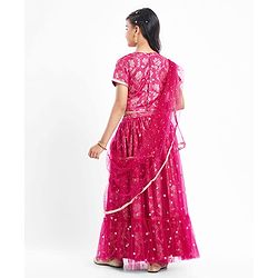Pine Kids Woven Floral Printed Choli Lehenga With Dupatta Set & Sequin Embroidery - Pink