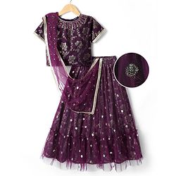 Pine Kids Woven Half Sleeves Printed Choli Lehenga Set With Sequin Detailing & Dupatta Set - Wine